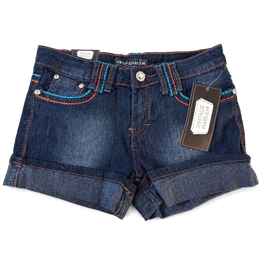 Vintage Harlem Girls Jean Shorts Size 12 Cuffed Black Flap Bling Pocket Y2K NWT